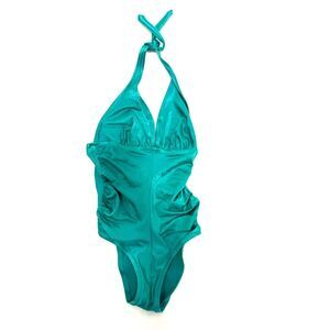 DeWeese Design vintage teal bathing suit - tie halter w/rouched sides - 70s/80s